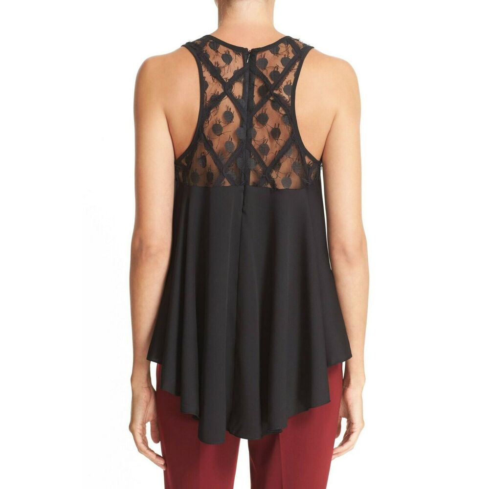 MILLY Illusion lace stretch silk trapeze top swing high low black blouse S NEW - Picture 4 of 8